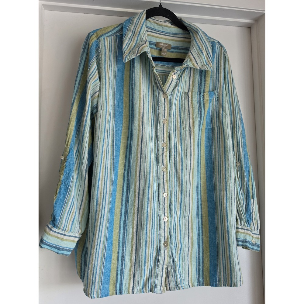 Naturals D&Co Women 1XP Striped Linen Blend Shirt Collared Blue Green Coastal